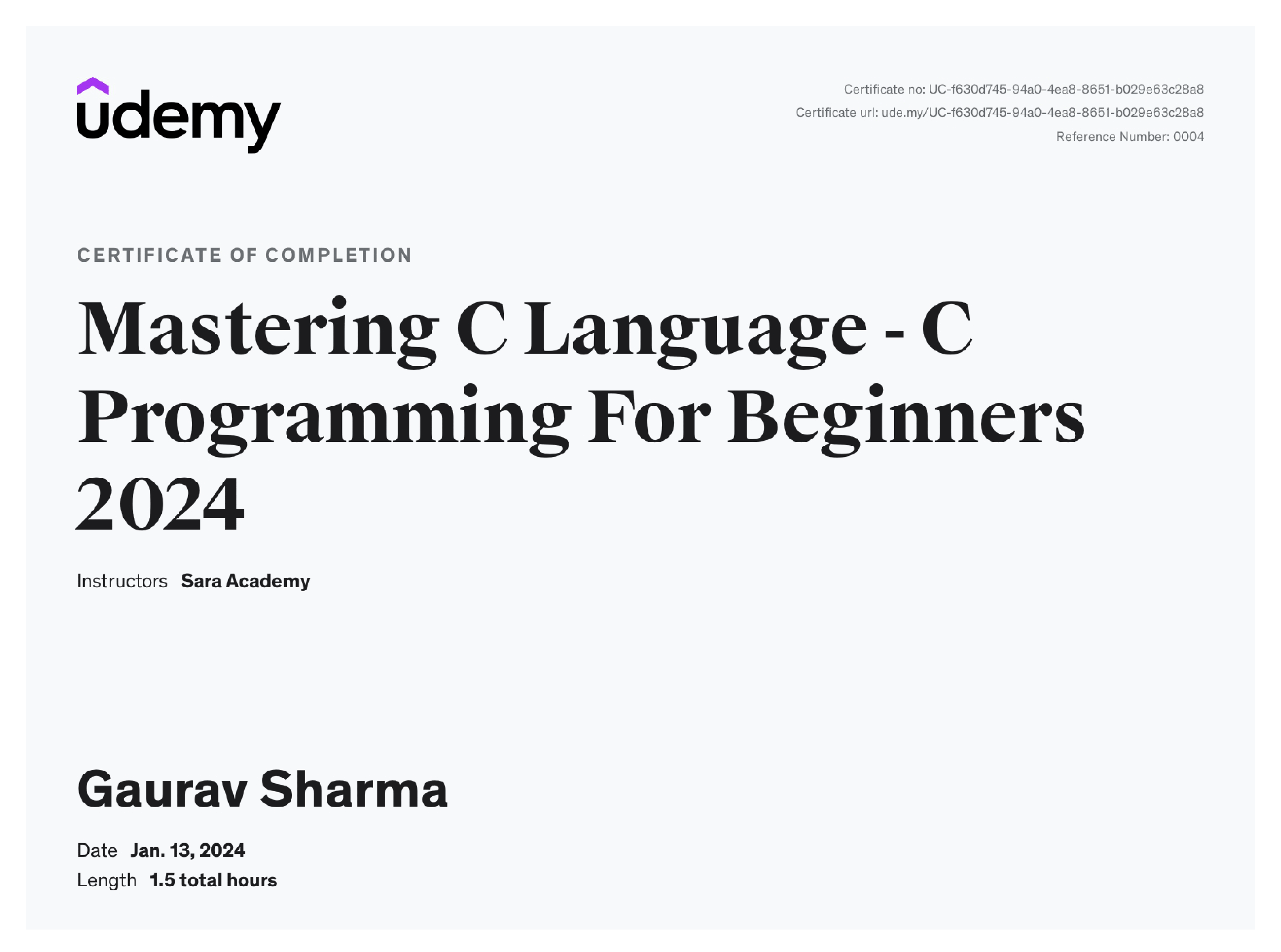 C Programming Certificate From Udemy
